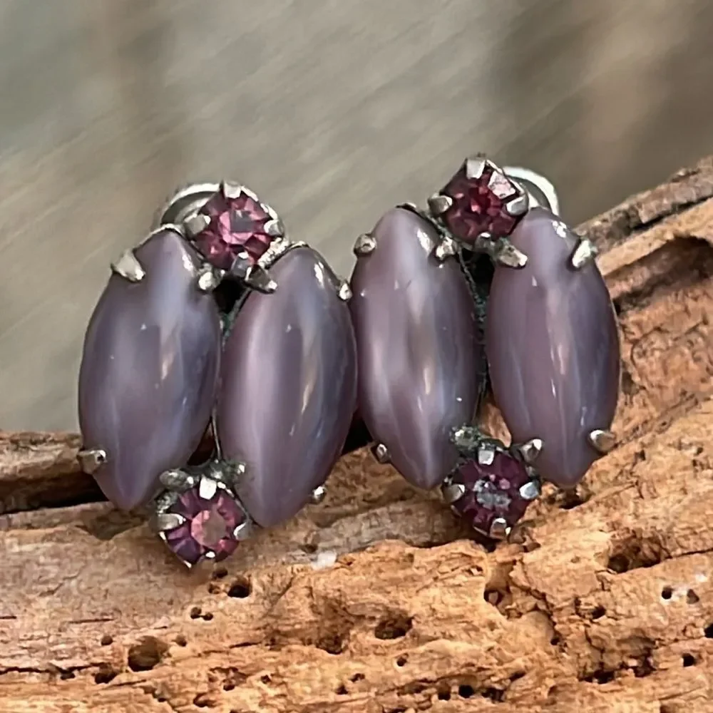 Vintage Clip Earrings Purple Cats Eye & Rhinestones